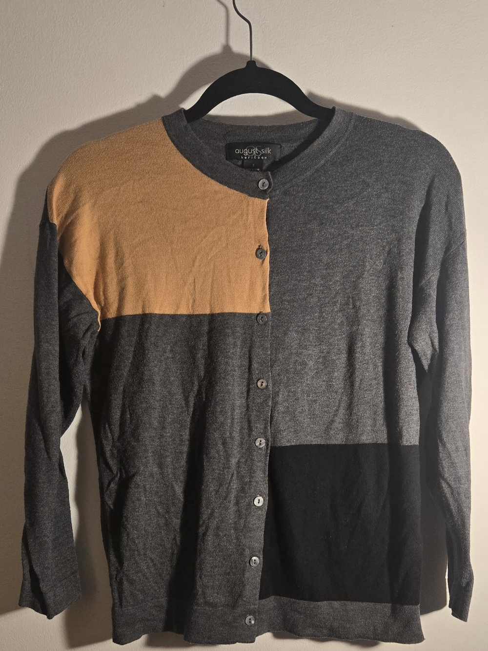 August Silk Gray, Black & Mustard Colorblock Button Cardigan